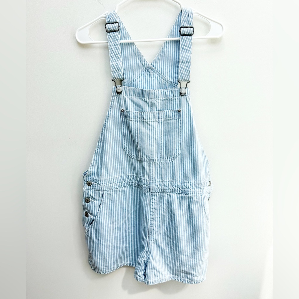 Women’s Light Blue Stripe Denim Short Overalls - Picture 3 of 7